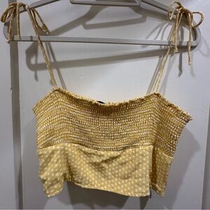 Zara Yellow Polka Dot Smocked Tie-Shoulder Crop Top